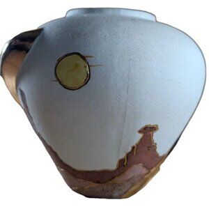 Vera Russell Signed Southwestern Ceramic Vase Pot Jug 22K Gold Trim Desert Scene